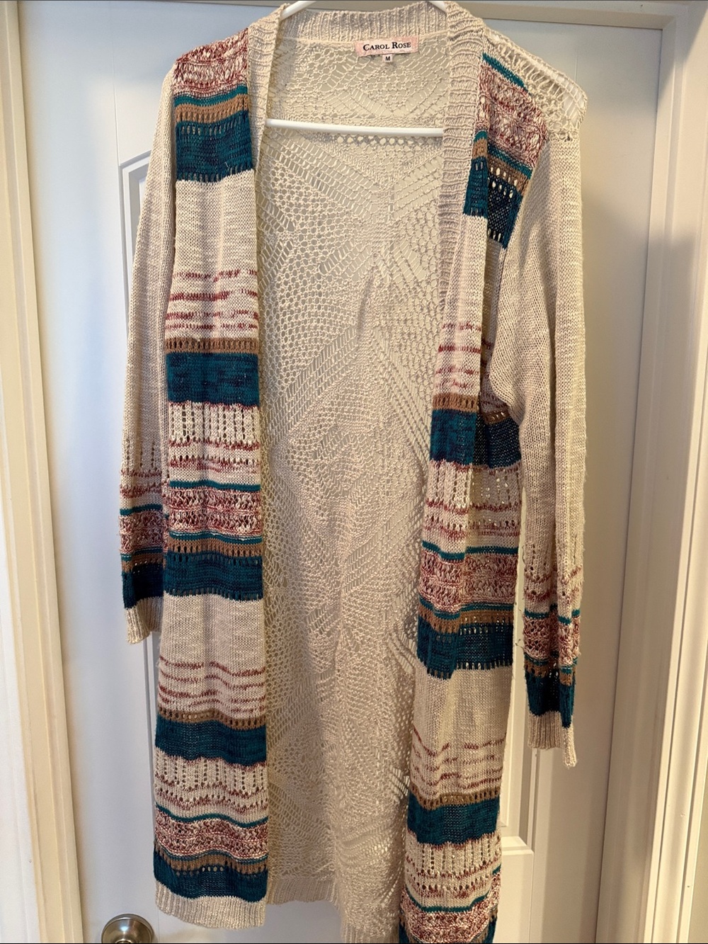 Carol Rose Cream Open-Front Cardigan with Teal and Brown Stripes
